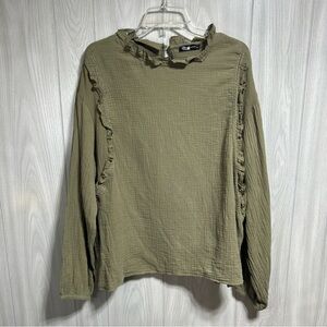 Pretty Garden Long Sleeve Green Blouse With Ruffle Accents Size XL